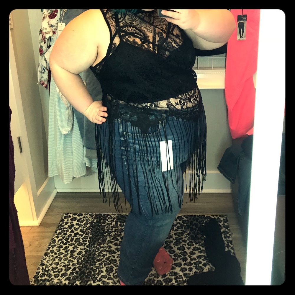 Torrid Black Lace Fringe Mock Neck Top ( 3X )
